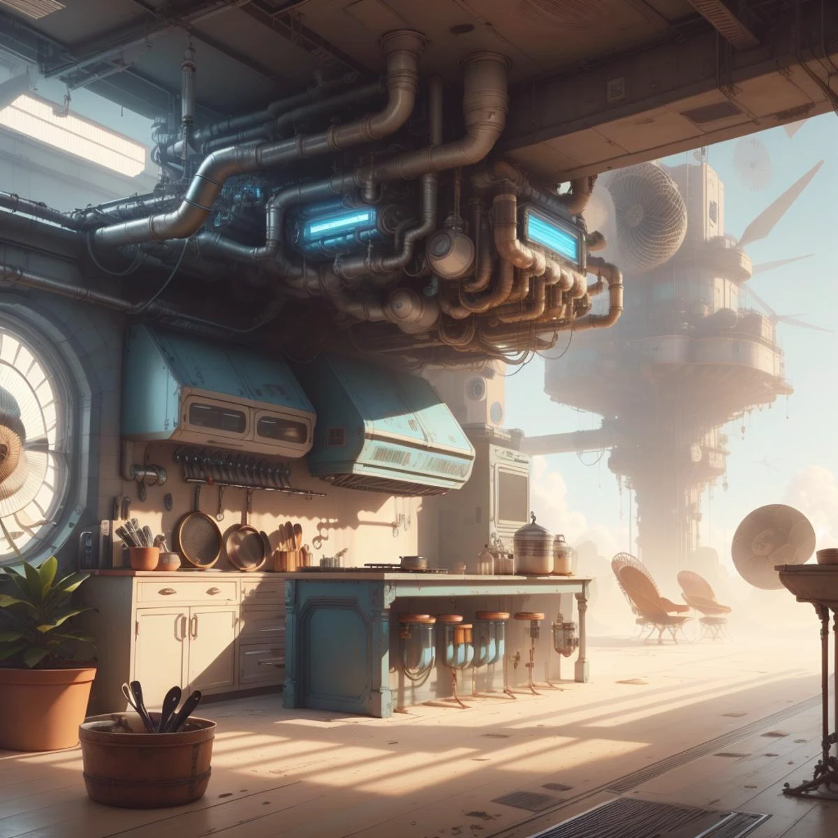 <lora:WindTech-15:0.8>, windtech , scifi, wind turbines and fans , pipes , cyberpunk ,
futuristic kitchen