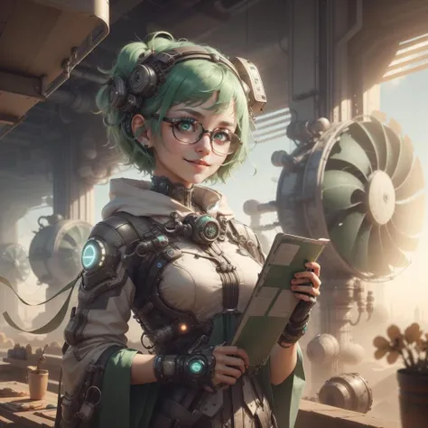 <lora:WindTech-15:0.8>, windtech , scifi, wind turbines and fans , pipes ,  (cyberpunk:0.7), 
scholar , scroll, 1girl,short hair, green hair, glowing eyes, smile ,closed mouth,glasses,