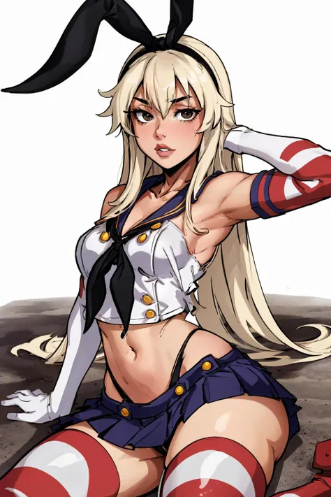 masterpiece, best quality, beauty, lying against the ground, hand on head, <lora:shimakaze-09:1> shimakaze, solo, long hair,skirt, hair ornament, thighhighs, gloves, navel,black panties,hairband,serafuku, elbow gloves,sailor collar, neckerchief, striped thighhighs, highleg panties,, Montreal, Canada