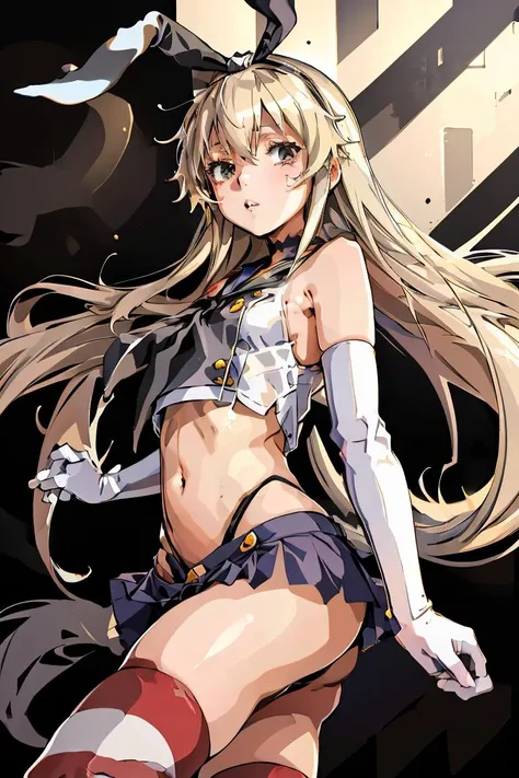 (masterpiece, best quality), 1girl, <lora:shimakaze:1> shimakazeKC, 1girl, solo, long hair,skirt, hair ornament, thighhighs, gloves, navel,black panties,hairband,serafuku, elbow gloves,sailor collar, neckerchief, striped thighhighs, highleg panties,