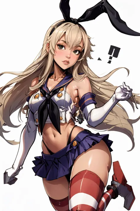 masterpiece, best quality, whole-body, <lora:shimakaze-09:1> shimakaze, solo, long hair,skirt, hair ornament, thighhighs, gloves, navel, black panties,hairband,serafuku, elbow gloves,sailor collar, neckerchief, striped thighhighs, highleg panties,, Virunga National Park, Democratic Republic of Congo
