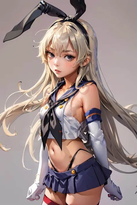 (masterpiece, best quality), 1girl, <lora:shimakaze:1> shimakazeKC, 1girl, solo, long hair,skirt, hair ornament, thighhighs, gloves, navel,black panties,hairband,serafuku, elbow gloves,sailor collar, neckerchief, striped thighhighs, highleg panties,