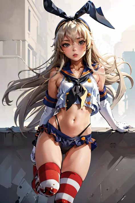 (masterpiece, best quality), 1girl, <lora:shimakaze:1> shimakazeKC, 1girl, solo, long hair,skirt, hair ornament, thighhighs, gloves, navel,black panties,hairband,serafuku, elbow gloves,sailor collar, neckerchief, striped thighhighs, highleg panties,