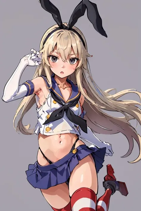 (masterpiece, best quality), 1girl, <lora:shimakaze:1> shimakazeKC, 1girl, solo, long hair,skirt, hair ornament, thighhighs, gloves, navel,black panties,hairband,serafuku, elbow gloves,sailor collar, neckerchief, striped thighhighs, highleg panties,