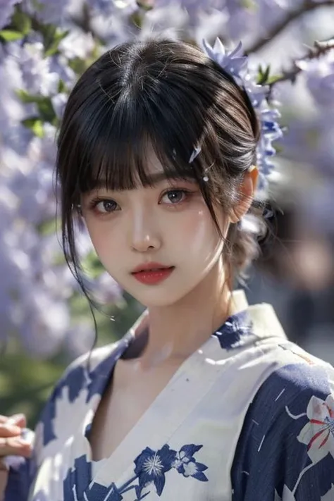 (best quality, masterpiece:1.2), (realistic:1.3), high resolution,(ultra-detailed background, detailed background), bokeh,(symmetrical clear eyes:1.3),an extremely cute and beautiful girl,highly detailed beautiful face and black eyes,beautiful hair,((colorful japanese yukata)),1girl, solo,dynamic angle,cowboy shot, <lora: zmf:0.8>