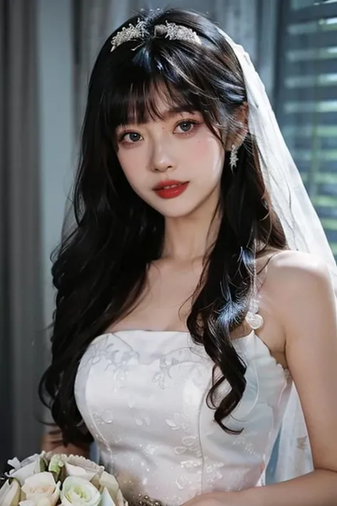 (masterpiece:1.2), (best quality:1.2),realistic, photorealistic,HDR,UHD,8K,Highly detailed,8k,cinematic_lighting,(beautiful face), (beautiful detailed eyes,shiny eyes),1girl,long hair, black hair,medium breasts, cute, smile, (bride), shiny hair,((upper body)),looking at viewer, 
((wedding)),((white)) ,wedding dress,<lora: zmf:0.8>