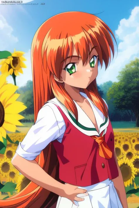 <lora:Akai_Homura:1>ãAkaiHomura, 1girl, solo, retro artstyle, clothes lift, copyright name, 1990s (style), looking at viewer, flower, day, outdoors, sky, sunflower,
blue sky, school,
masterpiece, high quality, very_high_resolution, large_filesize, full color,