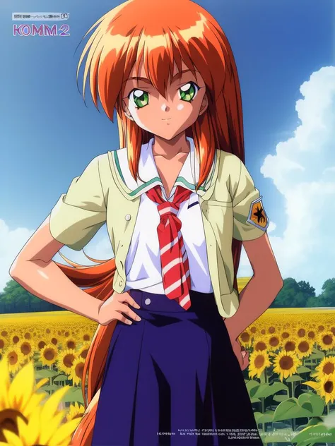 <lora:Akai_Homura:1>ãAkaiHomura, 1girl, solo, retro artstyle, clothes lift, copyright name, 1990s (style), looking at viewer, flower, day, outdoors, sky, sunflower,
blue sky, school,
masterpiece, high quality, very_high_resolution, large_filesize, full color,