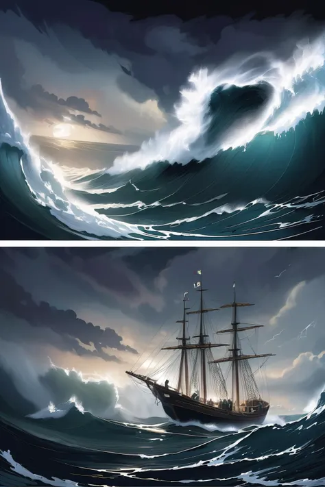 grace darling rescuing sailors. shipwreck. rowing boat. dark night. stormy sea.