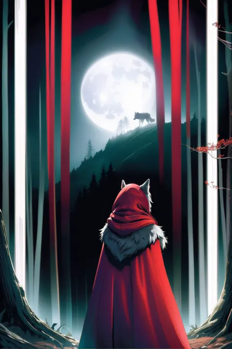a dark nighttime forest. a wolf stalks a woman wearing a red hooded cloak. eerie moonbeams, volumetric light, high dynamic range.