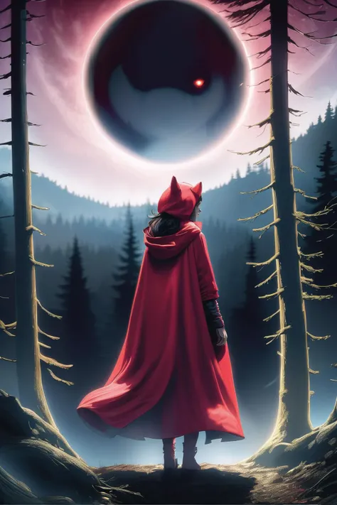 a dark nighttime forest. a wolf stalks a woman wearing a red hooded cloak. eerie moonbeams, volumetric light, high dynamic range.