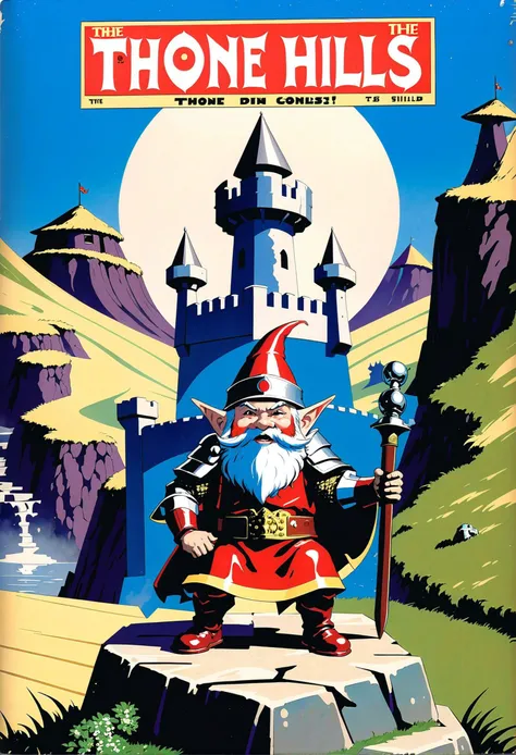 anime, comix, pulp fantasy comic book cover, throne,jousting tournament, Gnome Hills, <lora:EnvyPulpFantasyXL-prod-weighted-000012:1:1:lbw=ALL>