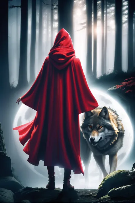 a dark nighttime forest. a wolf stalks a woman wearing a red hooded cloak. eerie moonbeams, volumetric light, high dynamic range.