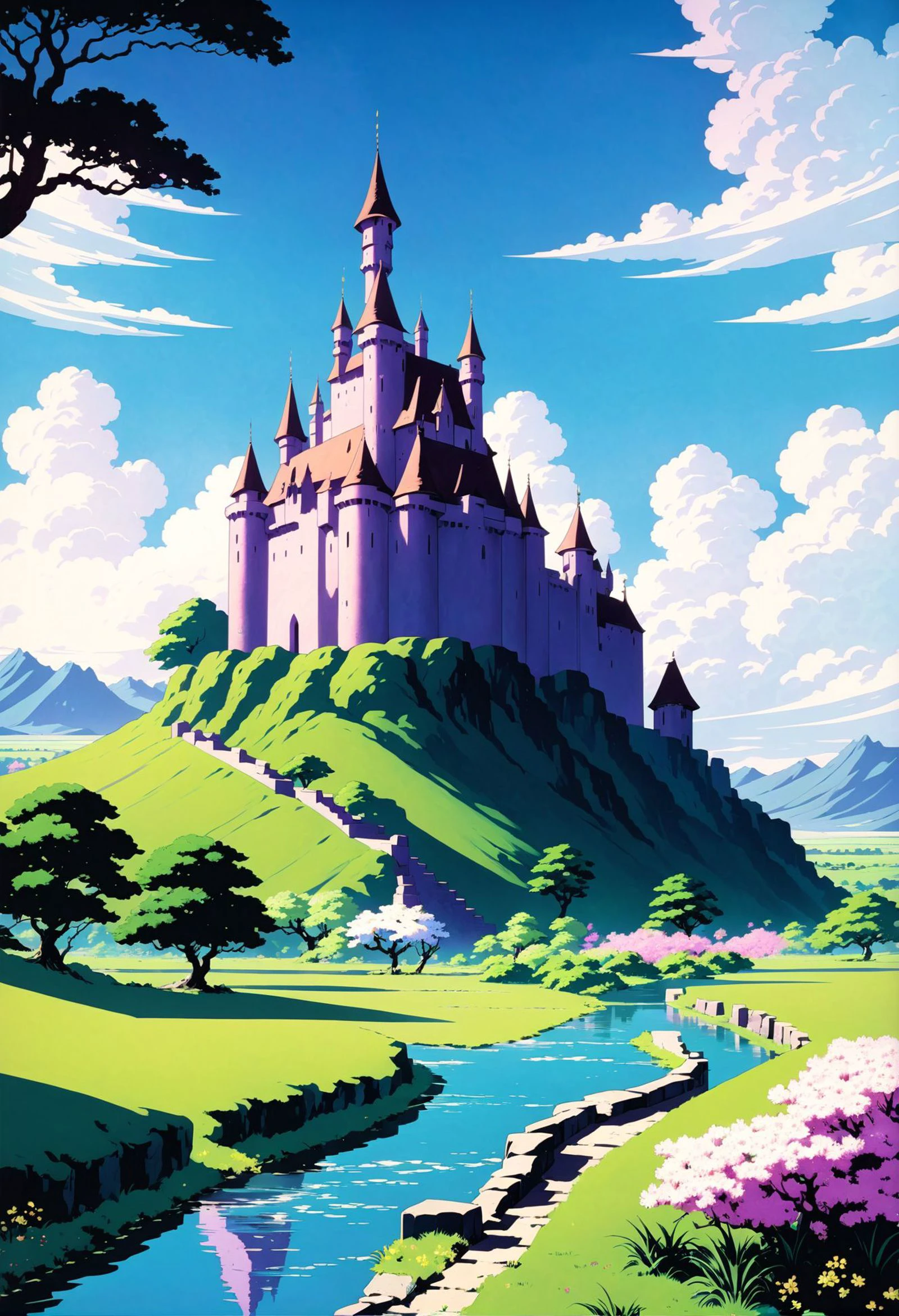anime, comix, pulp fantasy movie, castle in the distance, Magical Spring Oasis, <lora:EnvyPulpFantasyXL-prod-weighted-000012:1:1:lbw=ALL>