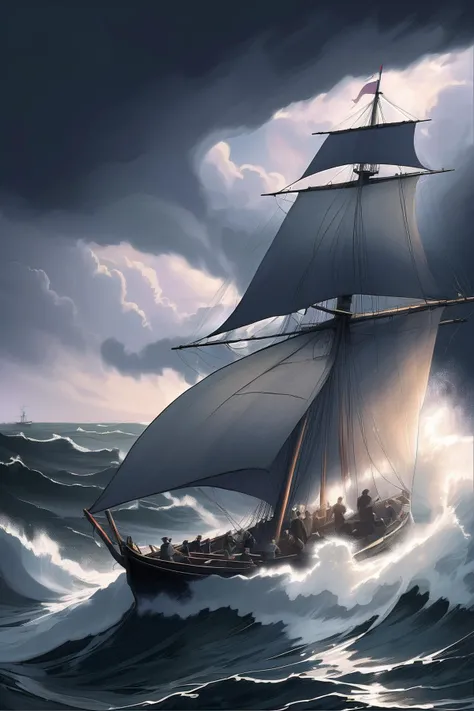 grace darling rescuing sailors. shipwreck. rowing boat. dark night. stormy sea.