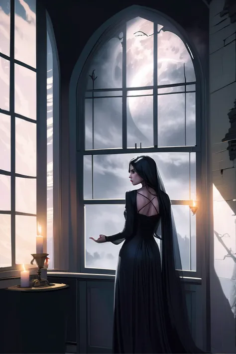 a beautiful goth woman. tall, age 35, slim, brooding. long flowing dress, veiled. cloudy night, candlelight, moon through window.