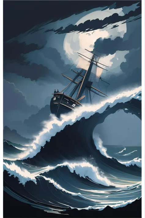 grace darling rescuing sailors. shipwreck. rowing boat. dark night. stormy sea.