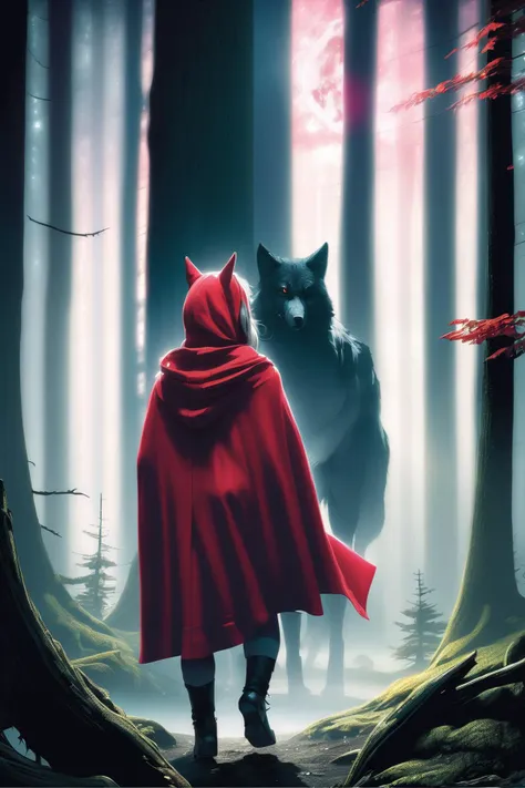 a dark nighttime forest. a wolf stalks a woman wearing a red hooded cloak. eerie moonbeams, volumetric light, high dynamic range.