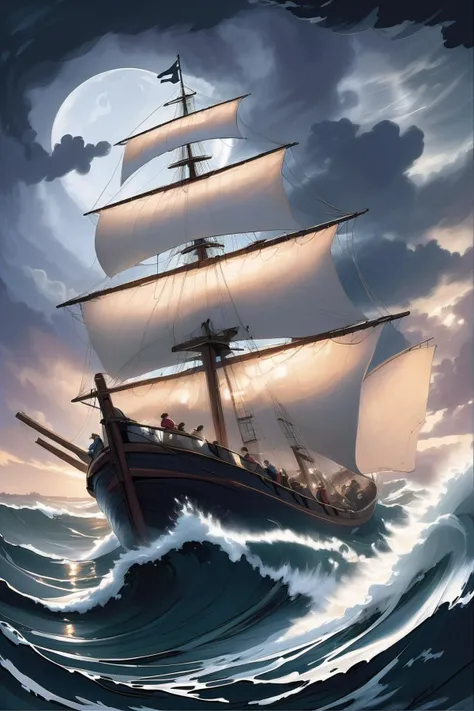 grace darling rescuing sailors. shipwreck. rowing boat. dark night. stormy sea.