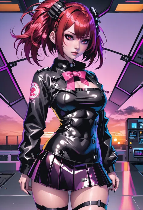 anime style with bold, thick outlines, goth girl, 1girl, cute, full body, [:creative costume design,:0.2], official art, korean, punk hair, vivid sunset hair, hair ribbon, soft crimson lighting from above, leather skirt, in a ragged nuclear fusion plant, bombshell hair, matte auburn hair, Waist Length Hair,bob cut, leaning back