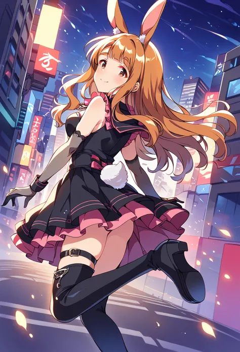 score_9, score_8_up, score_7_up, source_anime BREAK
miyao miya, rabbit agent, 1girl, solo, long hair, rabbit ears, looking at viewer, smile, rabbit tail, brown eyes, black legwear, elbow gloves, black gloves, closed mouth, high heel boots, black skirt, brown hair, blonde hair, bare shoulders, black footwear, full body, city, thigh strap, night, cityscape, building, looking back, medium breasts, pleated skirt, rabbit girl, frills, from side, floating, outdoors, frilled skirt, eyebrows visible through hair, blunt bangs, jumping, floating hair, blush, zettai ryouiki, thick eyebrows, city lights, sleeveless shirt, thigh boots, jewelry, black dress, skyscraper, sleeveless dress, looking to the side, from behind, flying, miniskirt, night sky, midair, dutch angle, sidelocks, detached sleeves, backlighting, thighhighs under boots, knee boots, lens flare, high-waist skirt, necklace, black bow, monitor, wavy hair, chain, road, shoe soles, pleated dress, light smile, layered skirt, orange eyes, red eyes, frilled dress, framed, grey gloves, street, shiny, black shirt, skyline, chromatic aberration, light particles, screen, shiny hair, ribbon, orange hair, depth of field, leg up, skindentation, pink skirt, black thighhighs, pink dress, blurry background, short dress
<lora:miyao_miya_sdxl_locon_pony_v1:0.7>