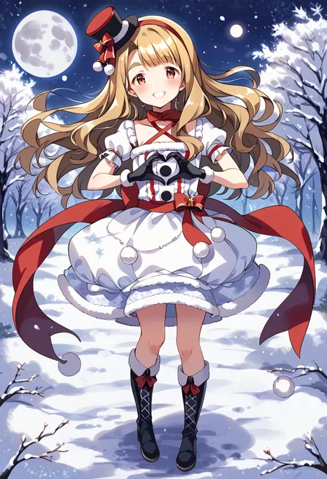 score_9, score_8_up, score_7_up, source_anime BREAK
miyao miya, pokapoka snwmn, 1girl, heart hands, smile, black gloves, full moon, star \(sky\), night, brown eyes, looking at viewer, grin, solo, starry sky, white dress, blush, standing, night sky, brown hair, black footwear, tree, outdoors, full body, puffy short sleeves, knee boots, red bow, snowflake print, white skirt, light brown hair, thick eyebrows, red ribbon, black headwear, bare tree, scarf, moe moe kyun!, mini hat, halterneck, top hat, collarbone, teeth, winter, pom pom \(clothes\), red choker, snowing, criss-cross halter, sparkle, asymmetrical bangs, open mouth, :d, fur trim, red headwear, short dress, red neckwear, closed eyes, eyebrows visible through hair, hat ribbon, very long hair, bubble skirt, tilted headwear, sash, ribbon choker, frills, white shirt, blonde hair, red eyes, sack, pigeon-toed, belt, grey footwear, fur-trimmed dress, white footwear, ^ ^, fur-trimmed boots, frilled dress, mini top hat, sidelocks, hairband, hat bow, miniskirt, branch, fur-trimmed gloves, parted lips, brown bow, floating hair, legs apart, depth of field, layered dress, shiny hair, short eyebrows, tile floor, small breasts, hair ornament, snowflake ornament
<lora:miyao_miya_sdxl_locon_pony_v1:0.7>