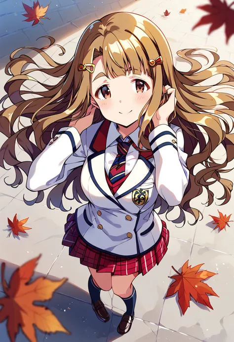 score_9, score_8_up, score_7_up, source_anime BREAK
miyao miya, highschool-mate, 1girl, solo, school uniform, brown hair, leaf, smile, brown eyes, blazer, plaid skirt, kneehighs, hair ornament, looking at viewer, shadow, thick eyebrows, loafers, black legwear, pleated skirt, blush, long sleeves, red skirt, autumn leaves, large breasts, hairclip, from above, full body, white jacket, standing, brown footwear, red eyes, eyebrows visible through hair, very long hair, white shirt, floating hair, wavy hair, closed mouth, wind, blunt bangs, striped neckwear, hands in hair, eyebrows, medium breasts, miniskirt, depth of field, buttons, hand in hair, collared shirt, red neckwear, hands up, bowtie, red bow, blue neckwear, falling leaves, looking up, blonde hair, adjusting hair, wing collar, dress shirt, emblem, multicolored hair, light brown hair, blue bow, foreshortening, standing on one leg, black socks, blue necktie, striped necktie, hand in own hair, striped clothes, blue socks, ginkgo leaf, diagonal-striped clothes, double-breasted, blurry foreground, leaf hair ornament, red necktie, dot nose, black footwear, neck ribbon, street, 
<lora:miyao_miya_sdxl_locon_pony_v1:0.7>