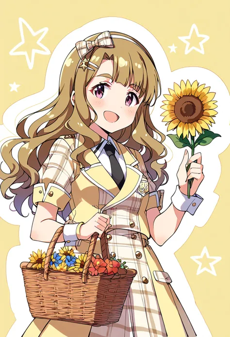 score_9, score_8_up, score_7_up, source_anime BREAK
miyao miya, future sgntr, 1girl, solo, sunflower, long hair, open mouth, smile, holding flower, basket, hair bow, looking at viewer, thick eyebrows, brown hair, wrist cuffs, star \(symbol\), black neckwear, holding basket, :d, brown eyes, eyebrows visible through hair, blush, yellow dress, outline, white outline, puffy short sleeves, white shirt, cowboy shot, collared shirt, blunt bangs, yellow background, shadow, yellow bow, yellow skirt, yellow flower, starry background, standing, buttons, red eyes, drop shadow, plaid dress, plaid skirt, picnic basket, simple background, yellow jacket, wing collar, wristband, flower basket, light brown hair, pocket, wavy hair, double-breasted, plaid bow, short necktie, silhouette, hand up, medium breasts, eyebrows, orange background, collared dress, pink eyes, brown bow, shiny, brown background, vest, star hair ornament, badge, shiny hair, white bow, name tag, yellow shirt, light blush, blonde hair, skirt set, striped bow, hair ribbon, asymmetrical bangs, white skirt, hairband, white background, pleated dress, breast pocket, pleated skirt, brown dress, purple eyes, dot nose, dutch angle, black bow, black necktie, yellow theme, hands up, plaid jacket, hairclip, cropped jacket, checkered clothes
<lora:miyao_miya_sdxl_locon_pony_v1:0.7>