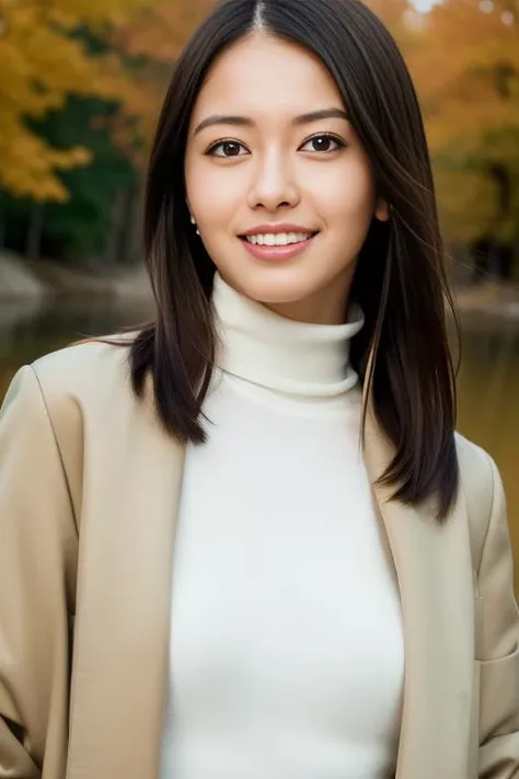 1girl,(wearing a turtleneck and outer jacket:1.2),(RAW photo, best quality), (realistic, photo-realistic:1.4), masterpiece, an extremely delicate and beautiful, extremely detailed, 2k wallpaper, Amazing, finely detail, extremely detailed CG unity 8k wallpaper, ultra-detailed, highres, soft light, beautiful detailed girl, extremely detailed eyes and face, beautiful detailed nose, beautiful detailed eyes,cinematic lighting,autumn scenery,park,lake,perfect anatomy,(slender body),(wide smile) <lora:yamamotomaika_lora:0.8>