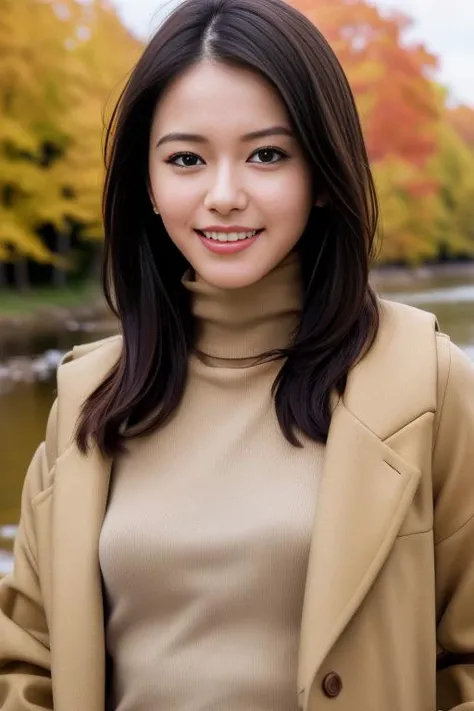 1girl,(wearing a turtleneck and outer jacket:1.2),(RAW photo, best quality), (realistic, photo-realistic:1.4), masterpiece, an extremely delicate and beautiful, extremely detailed, 2k wallpaper, Amazing, finely detail, extremely detailed CG unity 8k wallpaper, ultra-detailed, highres, soft light, beautiful detailed girl, extremely detailed eyes and face, beautiful detailed nose, beautiful detailed eyes,cinematic lighting,autumn scenery,park,lake,perfect anatomy,(slender body),(wide smile) <lora:yamamotomaika_lora:0.8>