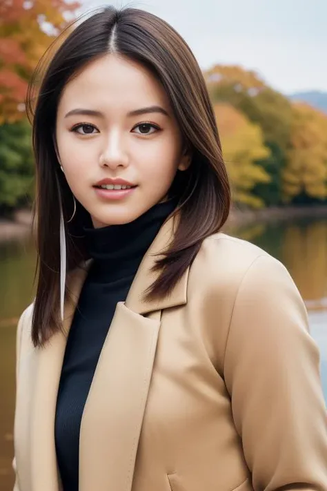 1girl,(wearing a turtleneck and outer jacket:1.2),(RAW photo, best quality), (realistic, photo-realistic:1.4), masterpiece, an extremely delicate and beautiful, extremely detailed, 2k wallpaper, Amazing, finely detail, extremely detailed CG unity 8k wallpaper, ultra-detailed, highres, soft light, beautiful detailed girl, extremely detailed eyes and face, beautiful detailed nose, beautiful detailed eyes,cinematic lighting,autumn scenery,park,lake,perfect anatomy,(slender body),(wide smile) <lora:yamamotomaika_lora:0.8>