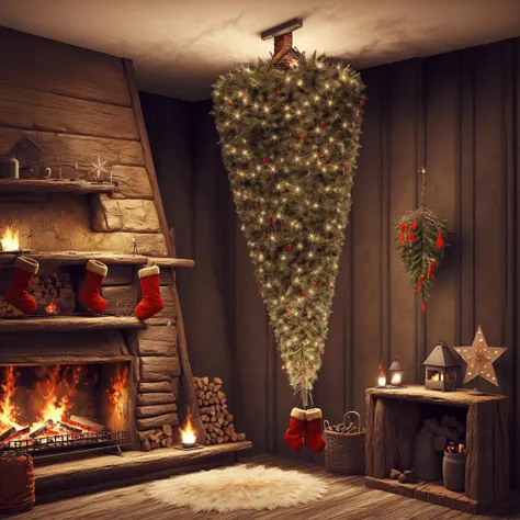 upsidedownxmastree at night in a cozy mountain hut with a fireplace <lora:Upside_Down_Christmas_Trees_for_SDXL-000007:1>