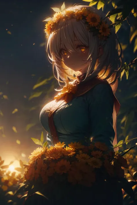 kahuka1, mature woman, pretty face, flower, medium messy hair, yellow flower, looking at viewer, hair flower, hair ornament, branch, blurry, upper body, hair between eyes, leaf, white messy hair, yellow eyes, bangs, head wreath, huge breasts, outside, park, trees,  cinematic lighting, (chiaroscuro:1.2), hires, volumetric lighting, highly detailed background, masterpiece, <lora:add_detail:0.5> <lora:hairdetailer:0.6>  <lora:[LoConLoRA] pseudo-daylightå½æ¥å Concept:1>