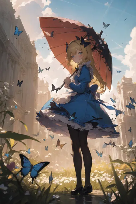 kahuka1, 1girl, umbrella, blonde hair, long hair, flower, butterfly, bug, dress, alice (alice in wonderland), outdoors, apron, bow, solo, building, black footwear, blue dress, hair bow, holding umbrella, shoes, pantyhose, holding, cloud, mary janes, long sleeves, standing, looking at viewer, sky, frills, black bow, light rays,
 <lora:kahuka-pynoise:1>