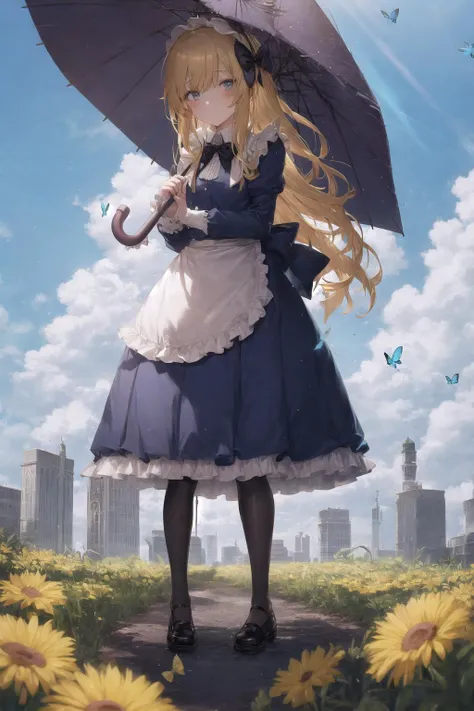 kahuka1, 1girl, umbrella, blonde hair, long hair, flower, butterfly, bug, dress, alice (alice in wonderland), outdoors, apron, bow, solo, building, black footwear, blue dress, hair bow, holding umbrella, shoes, pantyhose, holding, cloud, mary janes, long sleeves, standing, looking at viewer, sky, frills, black bow, light rays,
 <lora:kahuka-pynoise:1>