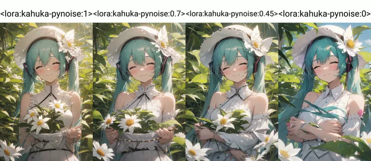 kahuka1, 1girl, solo, long hair, hatsune miku, dress, flower, hat, white dress, closed eyes, holding hat, holding, hat removed, smile, upper body, white flower, leaf, holding clothes, sun hat, headwear removed, bare shoulders, very long hair, aqua hair, twintails, closed mouth, facing viewer, bangs
<lora:kahuka-pynoise:1>