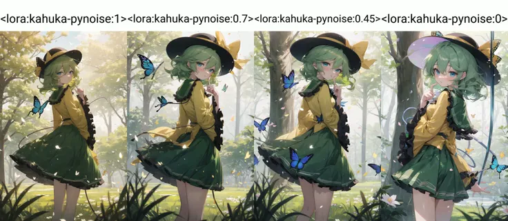kahuka1, komeiji koishi, solo, bug, hat, butterfly, yellow shirt, green skirt, long sleeves, black headwear, looking at viewer, third eye, green hair, bow, shirt, looking back, skirt, hat bow, long hair, index finger raised, parted lips, yellow bow, finger to mouth, wide sleeves, bangs, frilled sleeves, outdoors, from behind, light rays, frills, flower, sunlight, grass, hand up, blue butterfly, green eyes, blue eyes, ribbon, frilled shirt collar, light particles, petals, hair between eyes, nature, medium hair, hat ribbon, standing, black bow, tree
<lora:kahuka-pynoise:1>