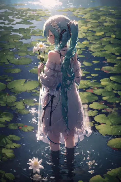 kahuka1, 1girl, hatsune miku, solo, dress, flower, long hair, white dress, twintails, very long hair, holding, white flower, water, wading, closed eyes, bare shoulders, off-shoulder dress, holding flower, off shoulder, aqua hair, standing, from behind, lily pad
<lora:kahuka-pynoise:1>