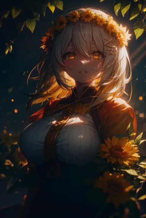 kahuka1, mature woman, pretty face, flower, medium messy hair, yellow flower, looking at viewer, hair flower, hair ornament, branch, upper body, hair between eyes, leaf, white messy hair, yellow eyes, bangs, head wreath, huge breasts, outside, park, trees,  cinematic lighting, (chiaroscuro:1.2), hires, volumetric lighting, highly detailed background, masterpiece, <lora:add_detail:0.5> <lora:hairdetailer:0.6>  <lora:[LoConLoRA] pseudo-daylightå½æ¥å Concept:1>