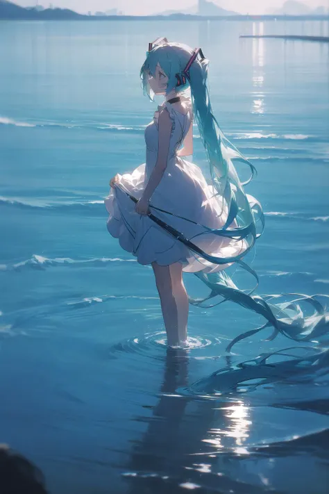 kahuka1, 1girl, long hair, hatsune miku, dress, solo, blue theme, very long hair, twintails, reflection, scenery, blurry, water, white dress, standing <lora:kahuka-pynoise:1>