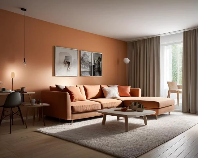 ((best quality)),((masterpiece)),((realistic)),living room,Modern minimalist Nordic style,Soft light,Pure picture,(Bright colors:1.2),Symmetrical composition,orange theme