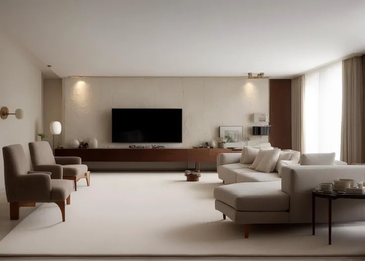 Living room,TV Wall,Television,The back-to-back sofa,Wool carpet,Marble coffee table,Rock slab wall surface,The gentle light,Curtains,Villa,The empty living room.,Luxury,Minimalism,