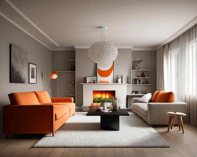 ((best quality)),((masterpiece)),((realistic)),living room,Modern minimalist Nordic style,Soft light,Pure picture,(Bright colors:1.2),Symmetrical composition,orange theme