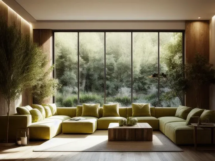 ((best quality)),((masterpiece)),((realistic)), living room, Rustic: style, Diffused light, stylized, small plants, (Bright colors:1.2), yellow green theme <lora:more_details:0.7>