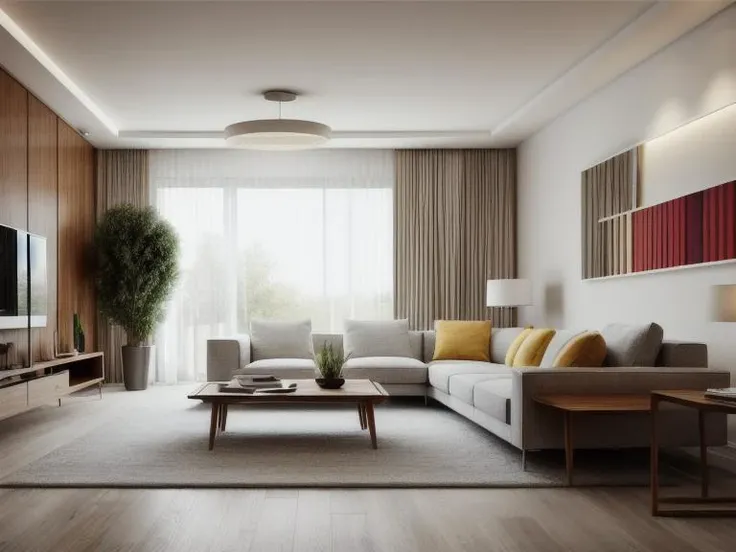 ((best quality)),((masterpiece)),((realistic)), living room, Mid-Century Modern style, Diffused light, stylized, (Bright colors:1.2), white theme <lora:more_details:0.7>