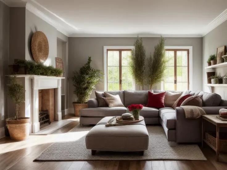 ((best quality)),((masterpiece)),((realistic)), living room, Farmhouse style, Diffused light, stylized, small plants, (Bright colors:1.2), red grey theme <lora:more_details:0.7>