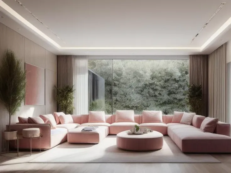 ((best quality)),((masterpiece)),((realistic)), living room, Contemporary style, Diffused light, stylized, small plants, (Bright colors:1.2), pink white theme <lora:more_details:0.7>
