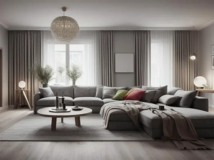 ((best quality)),((masterpiece)),((realistic)), family room, Scandinavian style, Diffused light, stylized, (Bright colors:1.2), grey theme <lora:more_details:0.7>