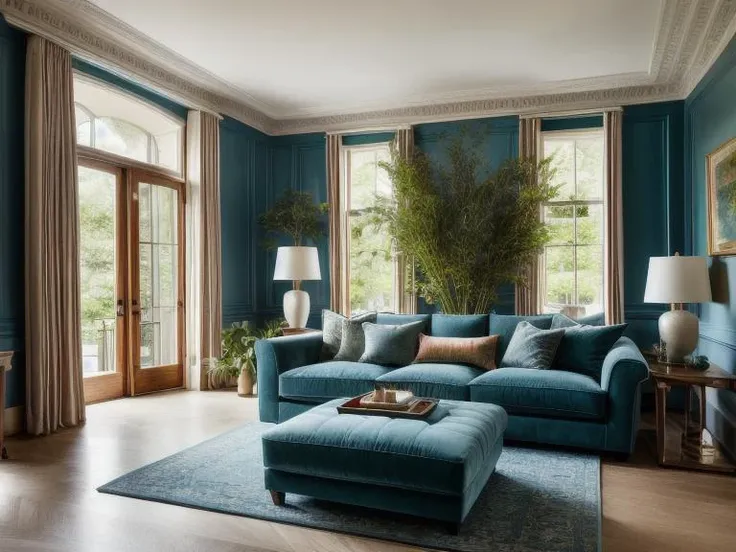 ((best quality)),((masterpiece)),((realistic)), living room, Traditional style, Diffused light, stylized, small plants, (Bright colors:1.2), blue green theme <lora:more_details:0.7>