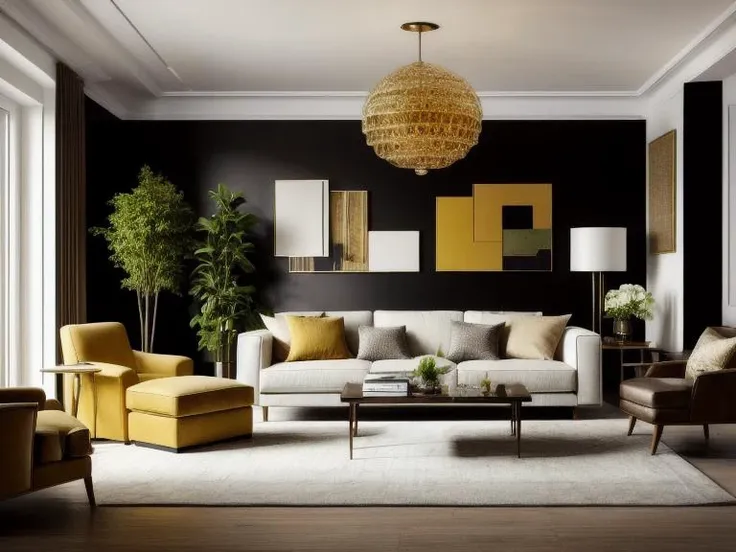 ((best quality)),((masterpiece)),((realistic)), living room, Art Deco style, Diffused light, stylized, small plants, (Bright colors:1.2), black yellow theme <lora:more_details:0.7>